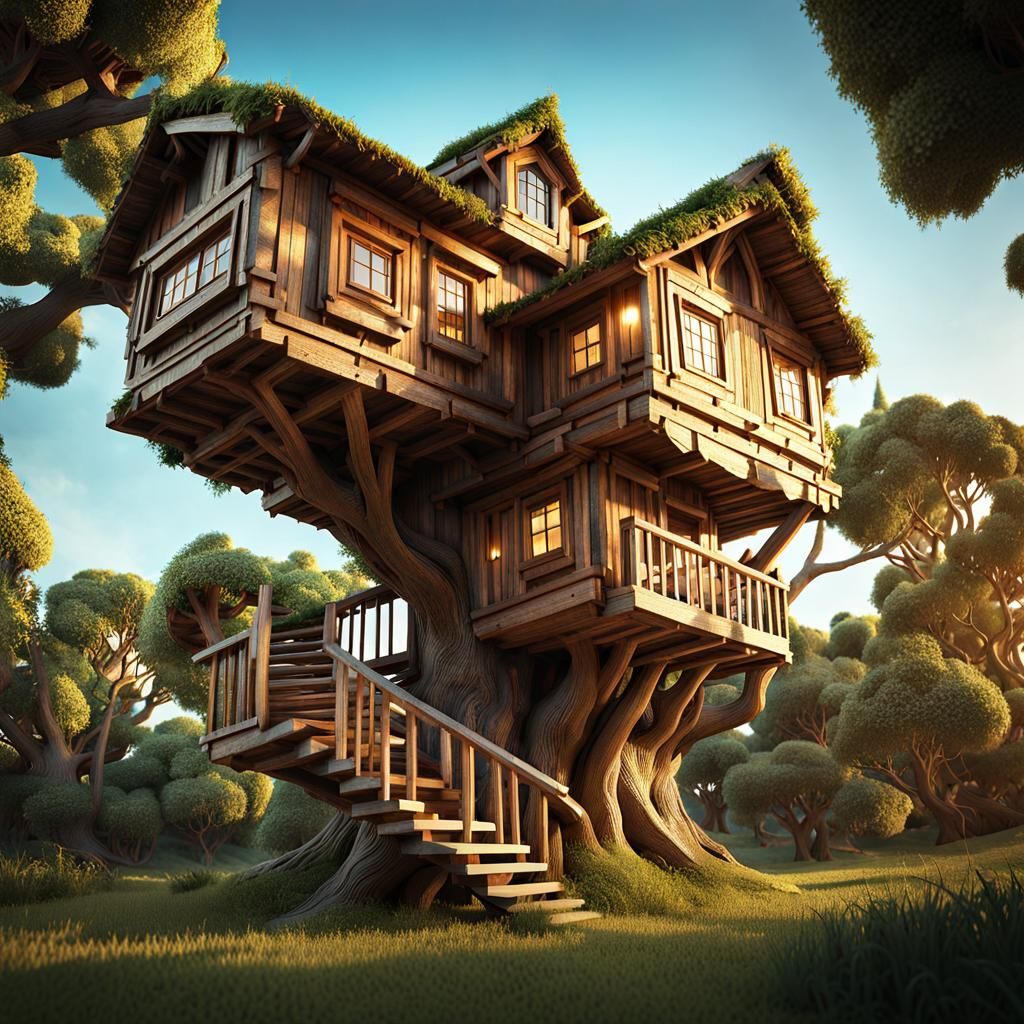 Fantastic Wooden Treehouse Village in 3D Render