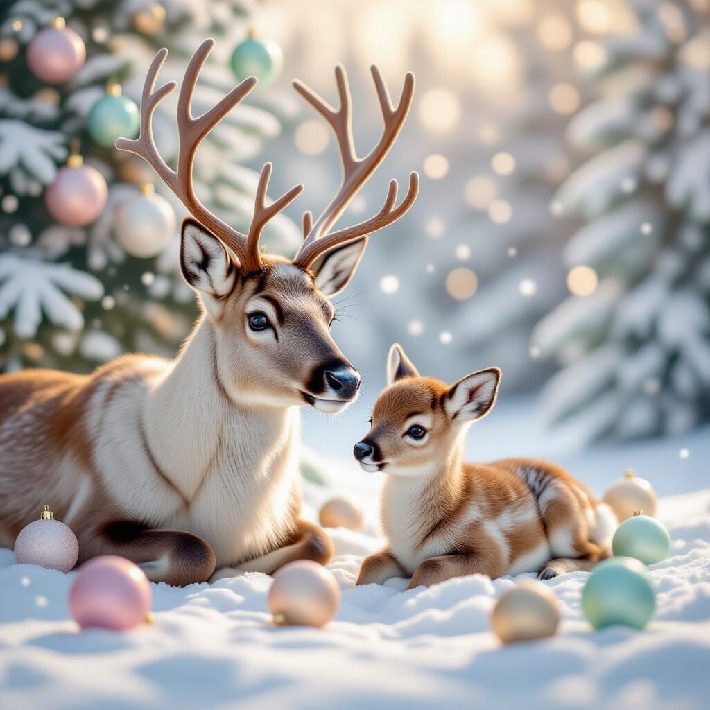 Hyperrealistic Reindeer Family in Pastel Christmas Scene