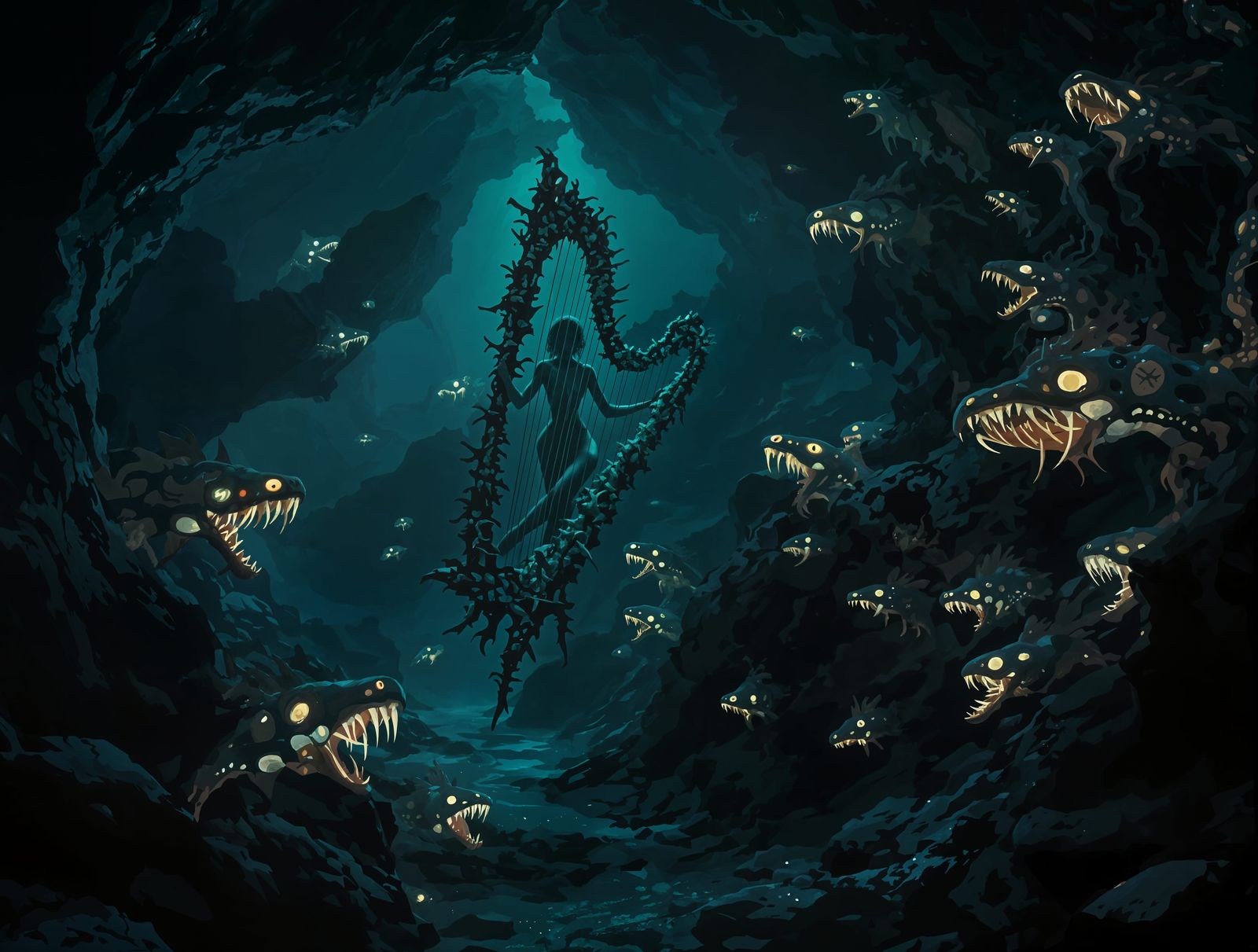 Ethereal Siren in Dark Underwater Realm