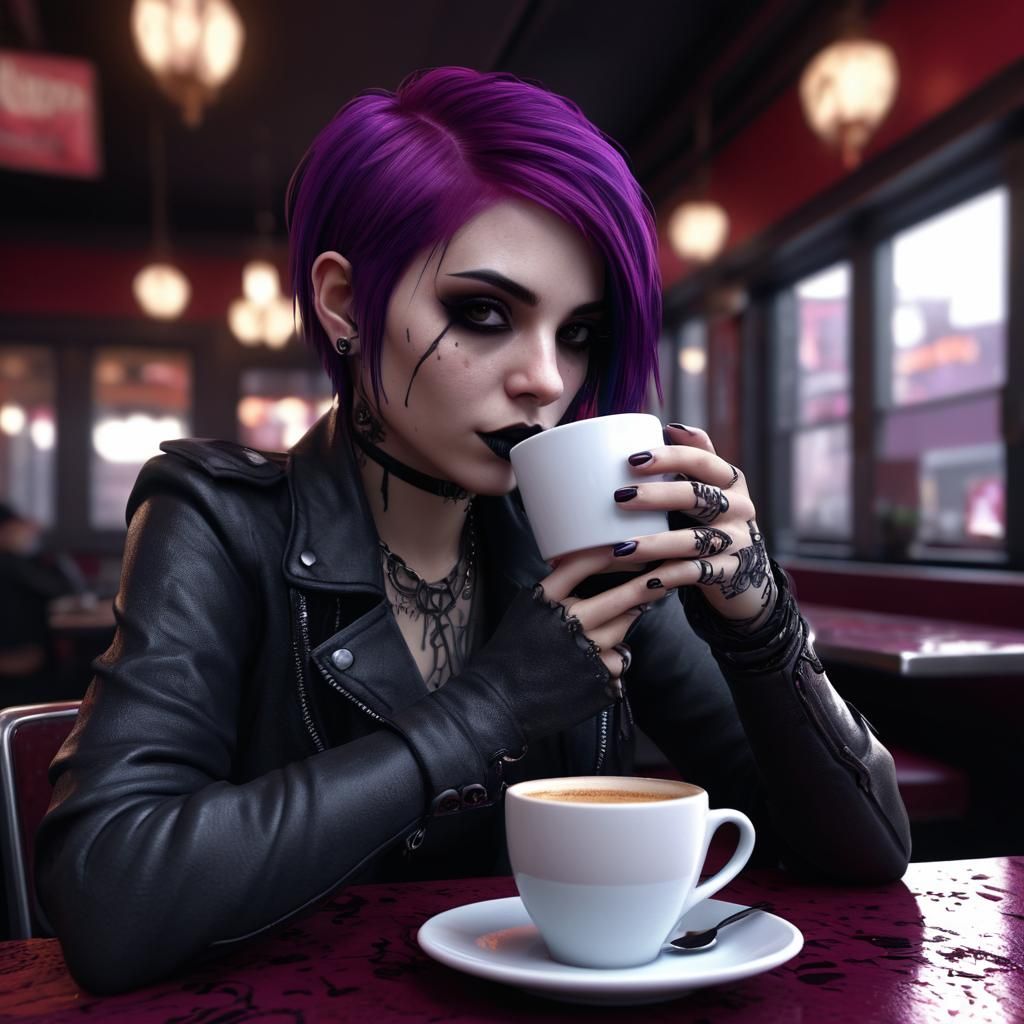 Emo Goth Girl with Purple Hair in Matte Painting
