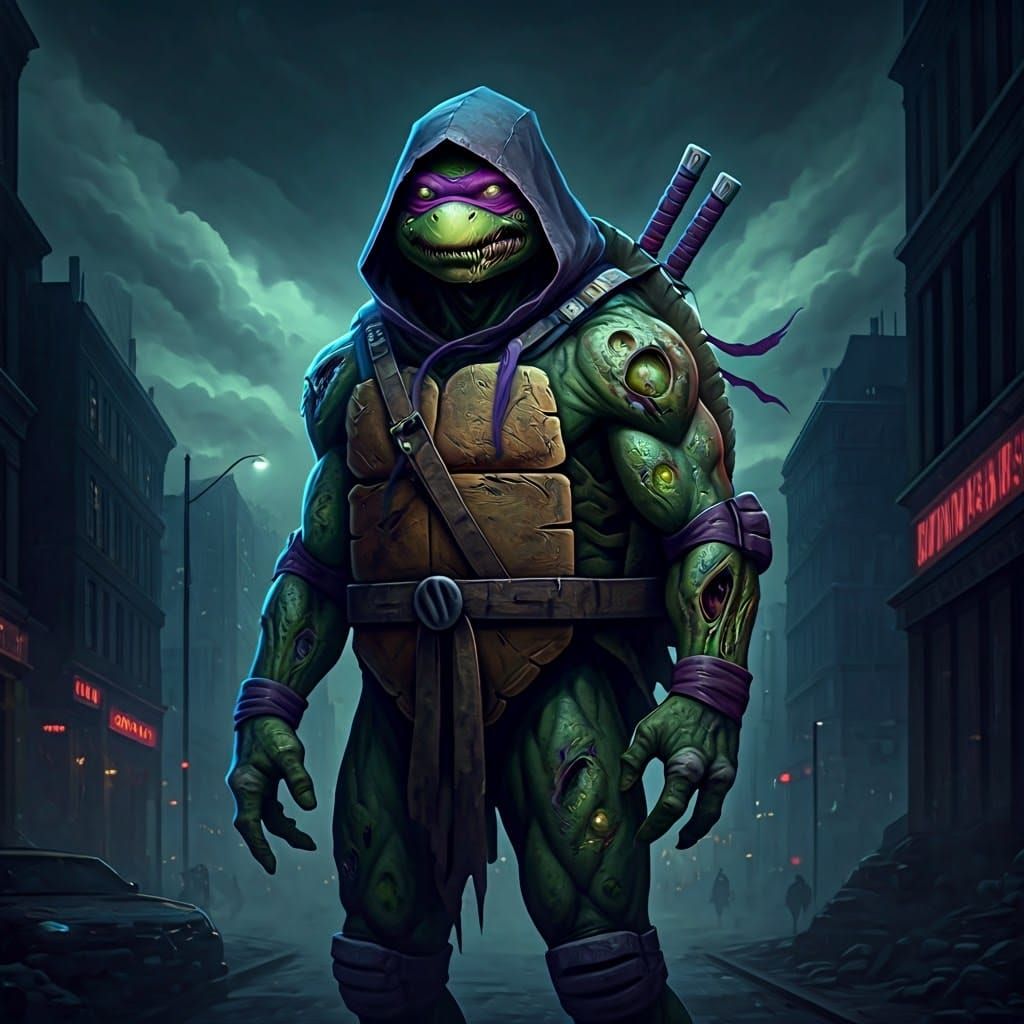 Neon Zombie Ninja Turtle in Dystopian Cityscape