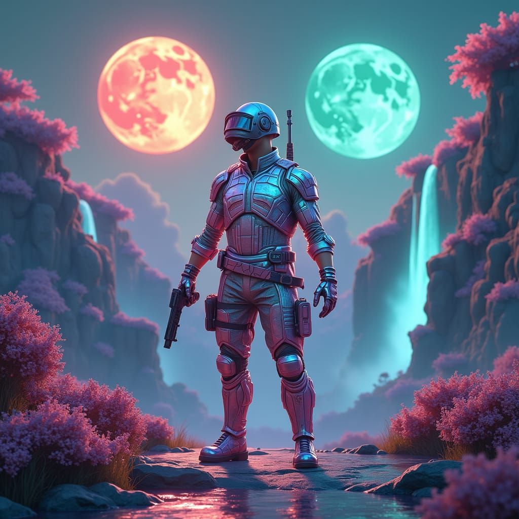 PUBG Soldier in Dreamlike Landscape with Iridescent Armor