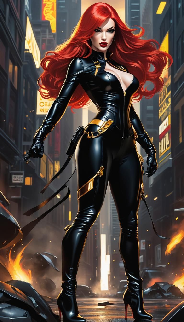 Hyper-realistic full body picture of Ariel Piper Fawn standing fighting crime, very ample bosom and long legs and insane...
