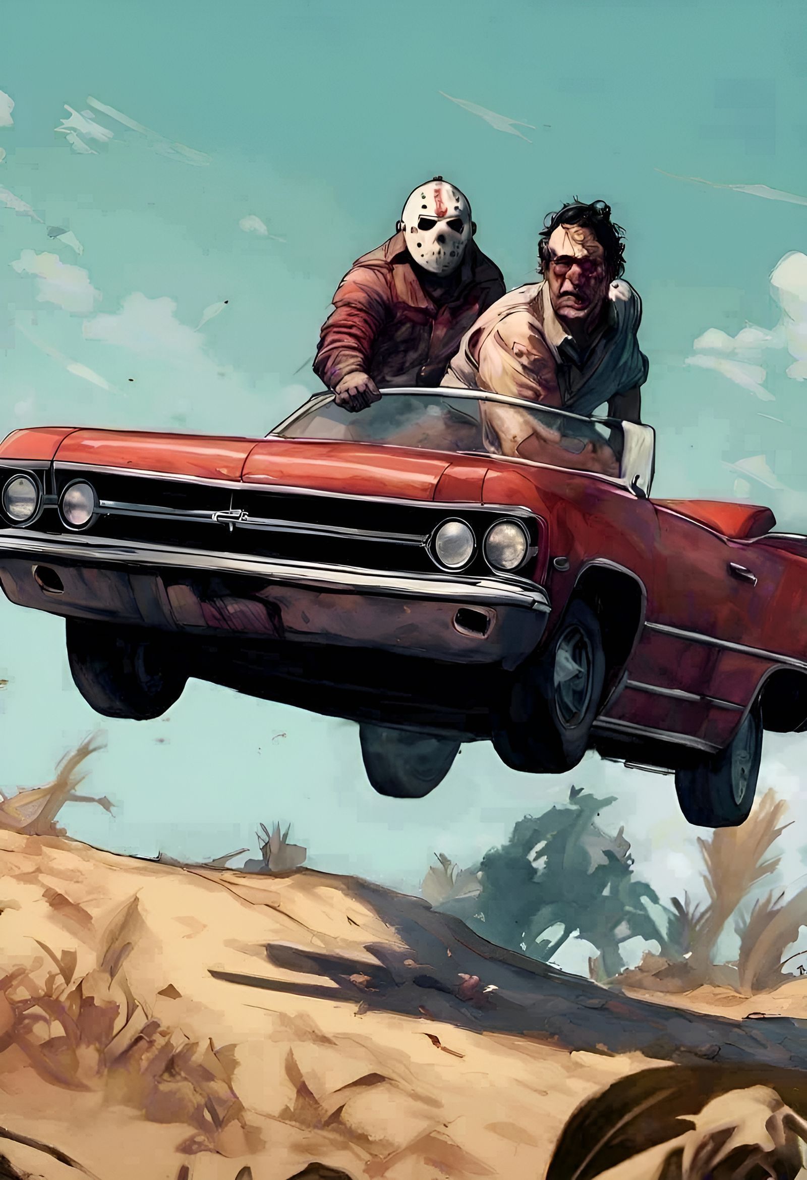 Jason and Leatherface's Beachside Ride: Hyperrealistic Art