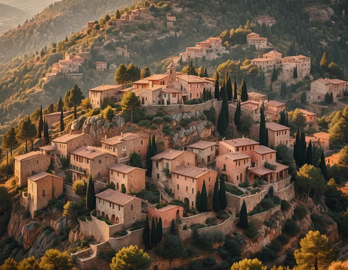 Mediterranean Village at Golden Hour: Cinematic Landscape