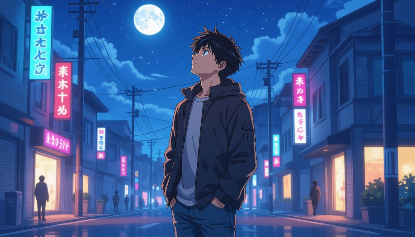 Anime Male Gazing at Night Sky in Cinematic Style