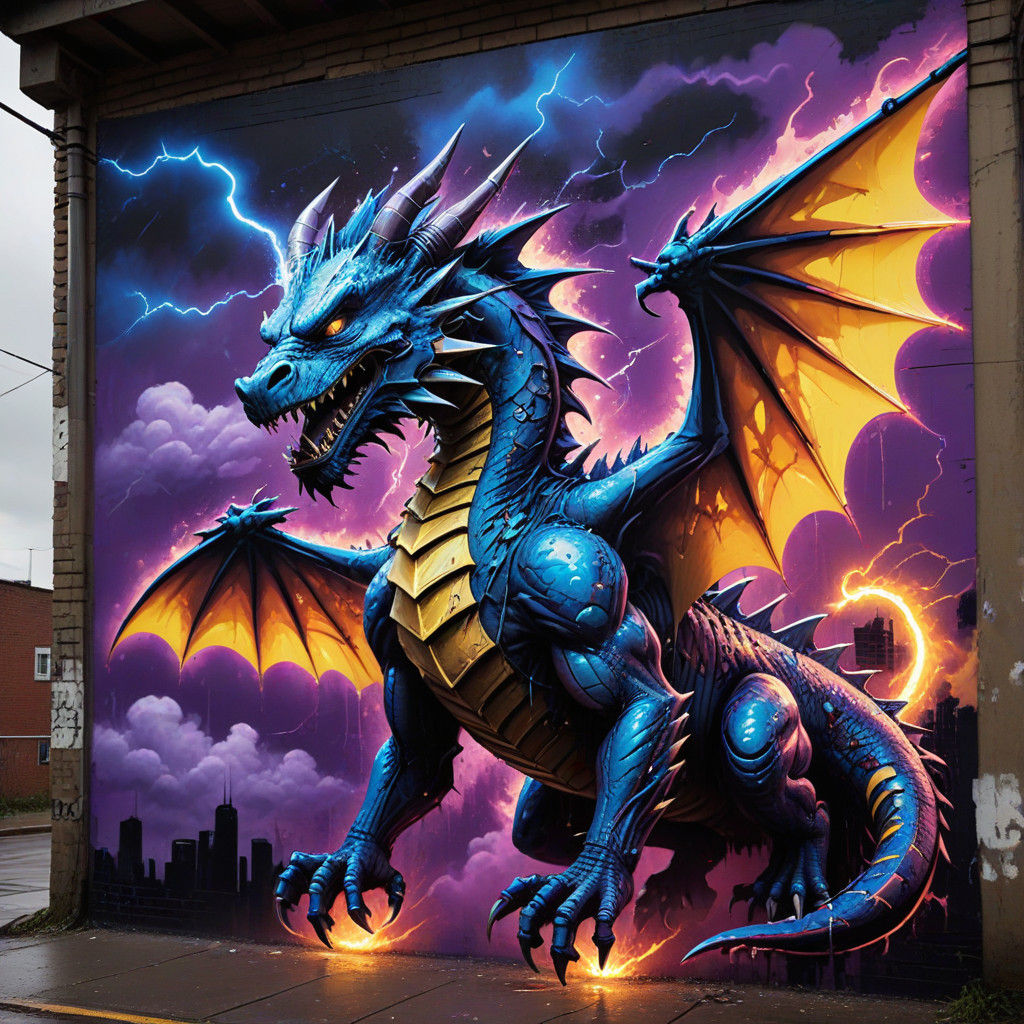 Surreal Dragon soars in a city street art sky ablaze with el...