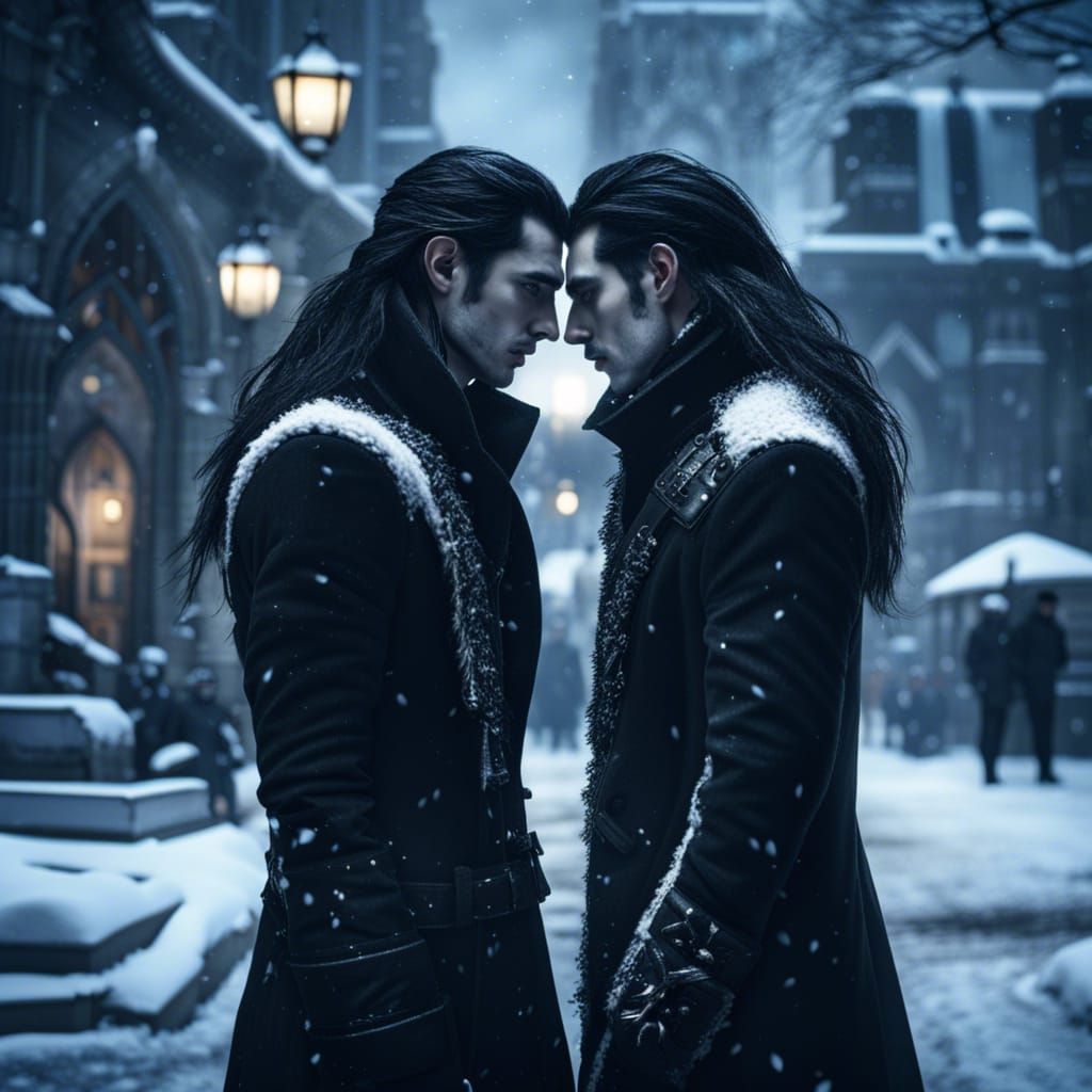 Vampire Elves Kissing in Snowy Gothic City