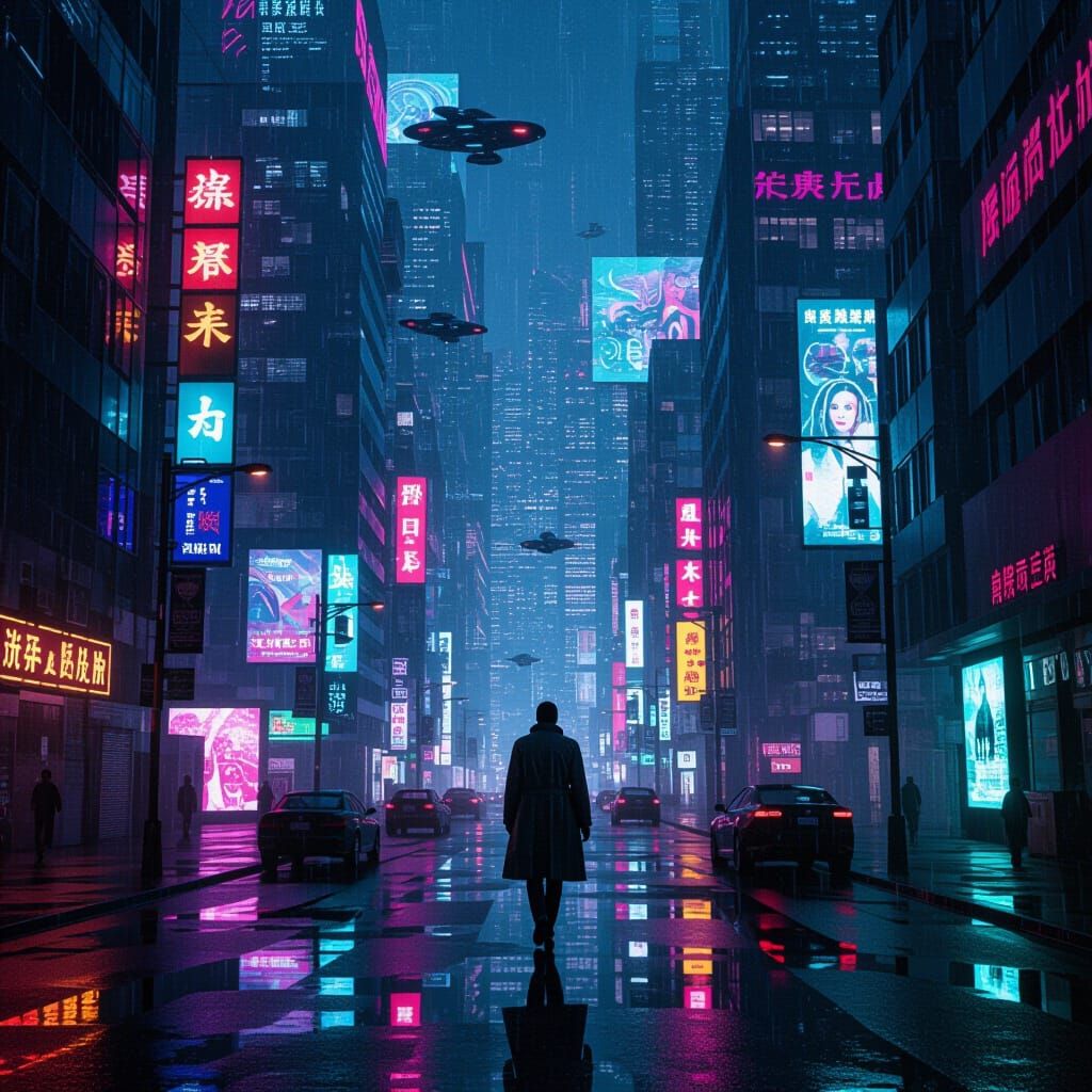 Cyberpunk Cityscape at Night with Neon Rain and Flying Cars