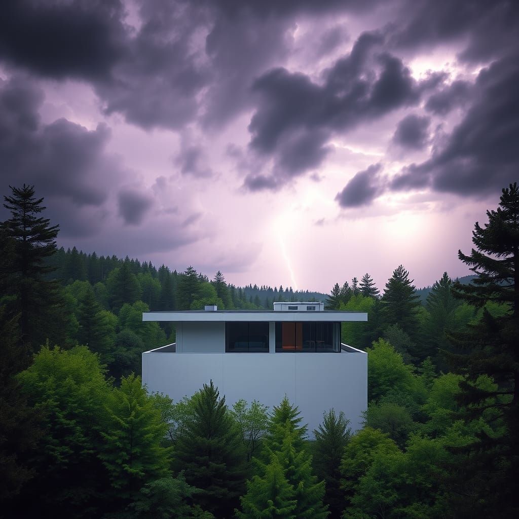Futuristic Building Amidst Vibrant Woods in a Moody Storm