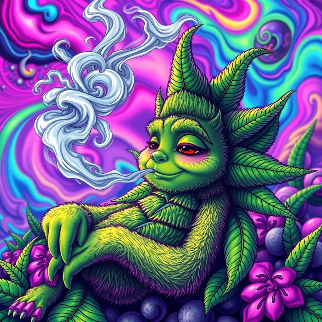 Hyperrealistic Cannabis Leaf Character in Psychedelic Landsc...