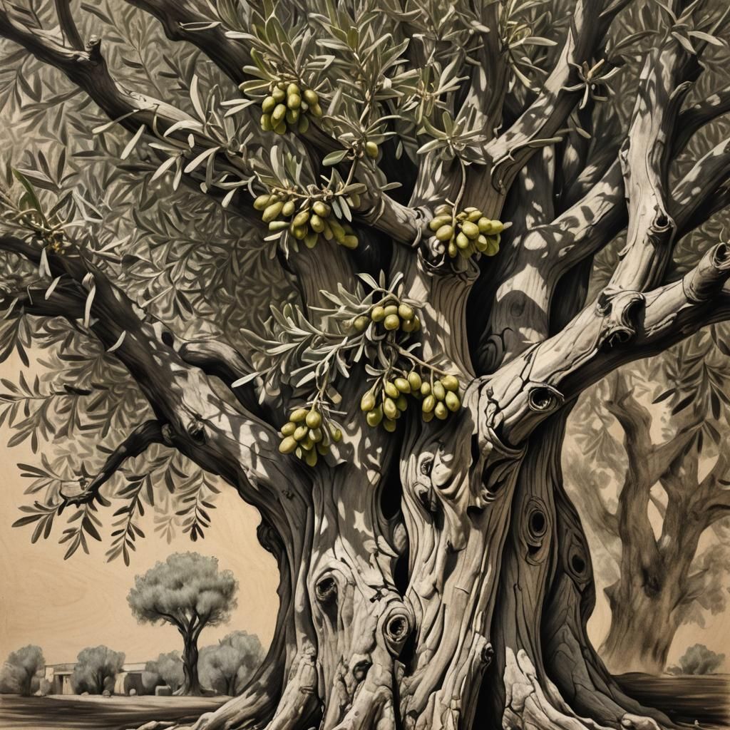 Detailed Charcoal Drawing of Ancient Olive Tree