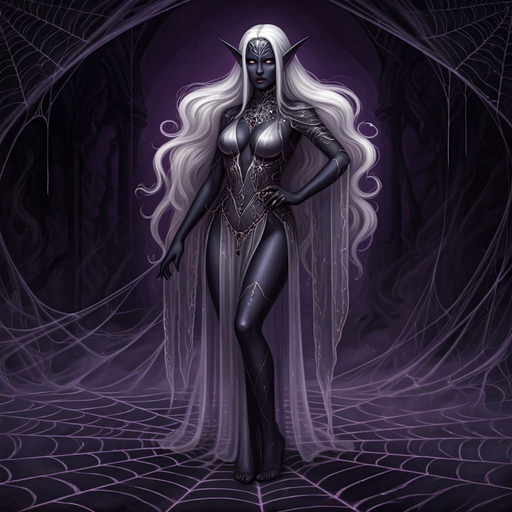 Dark Elf Priestess on Web Stage, in Dark Fantasy Style