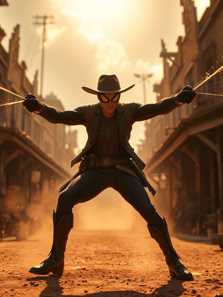 Steampunk Spiderman in Dusty Western Frontier