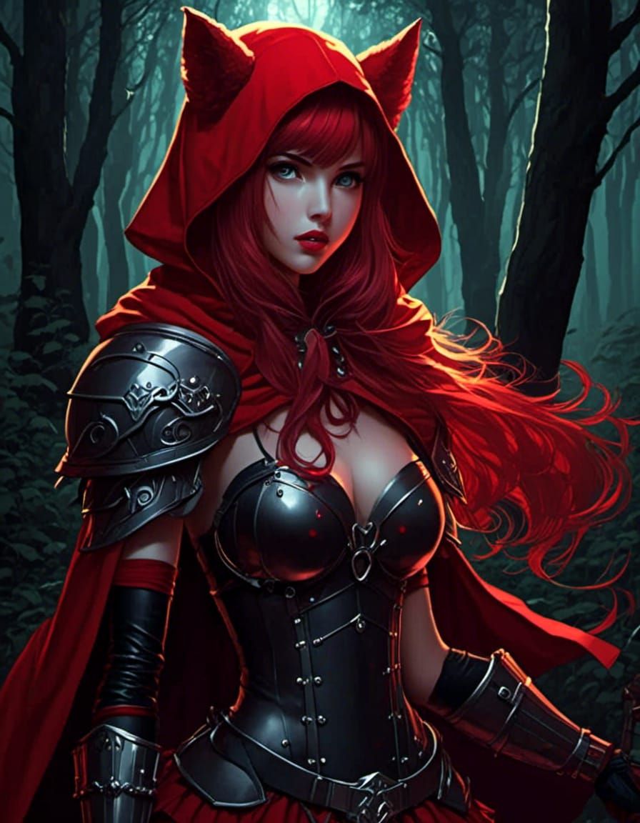 Anime comic 2D Little Red Riding Hood Gothic armored Warrior princess. In woods low light. <lora:Gridimation:1.0>