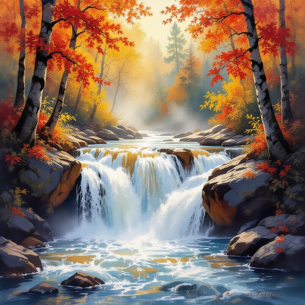Golden Autumn Waterfall in Luminous Watercolor Style