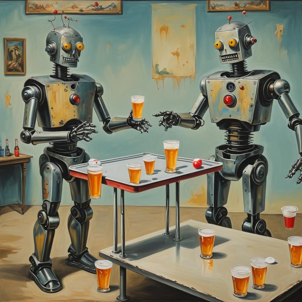 Robots Play Beer Pong in Surreal Dali Style
