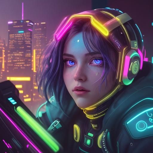 Cyberpunk Hacker with Neon Cyber Eyes and Data Cards