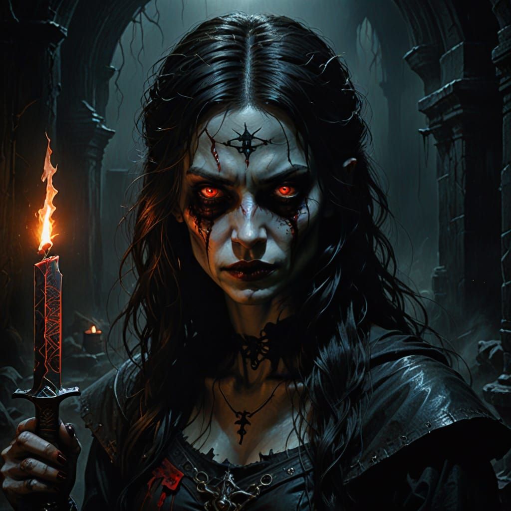 Dark Fantasy Female Figure in Ominous Oil Painting