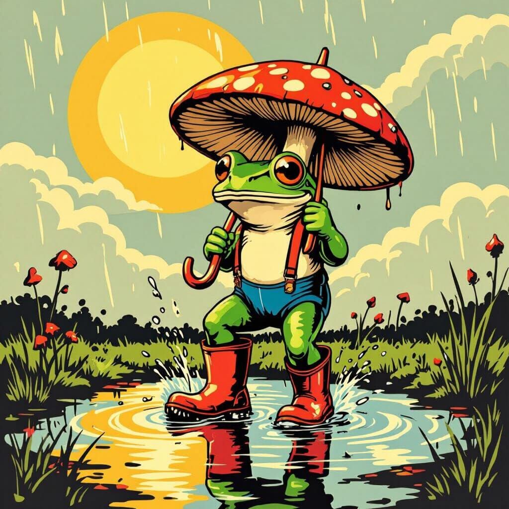 Frog with Mushroom Umbrella in Pop Art Style