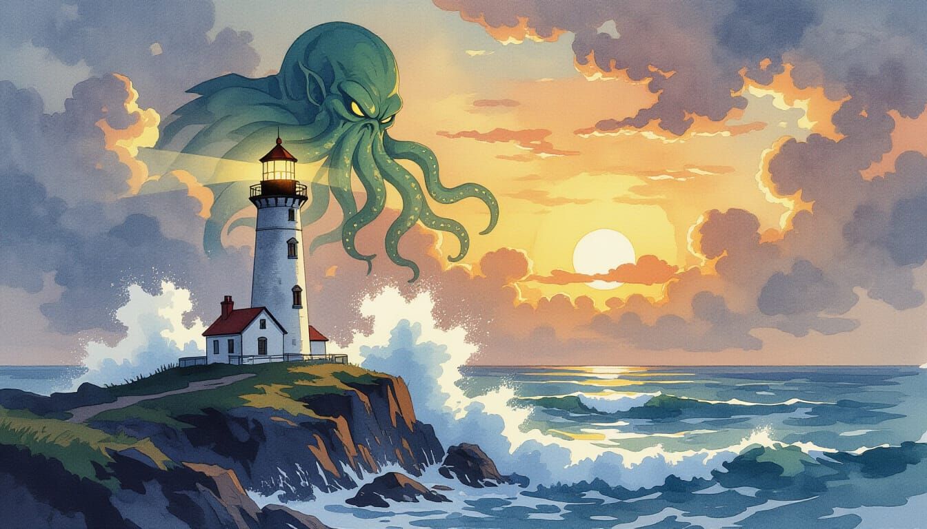Lighthouse and Cthulhu in Watercolor Painting