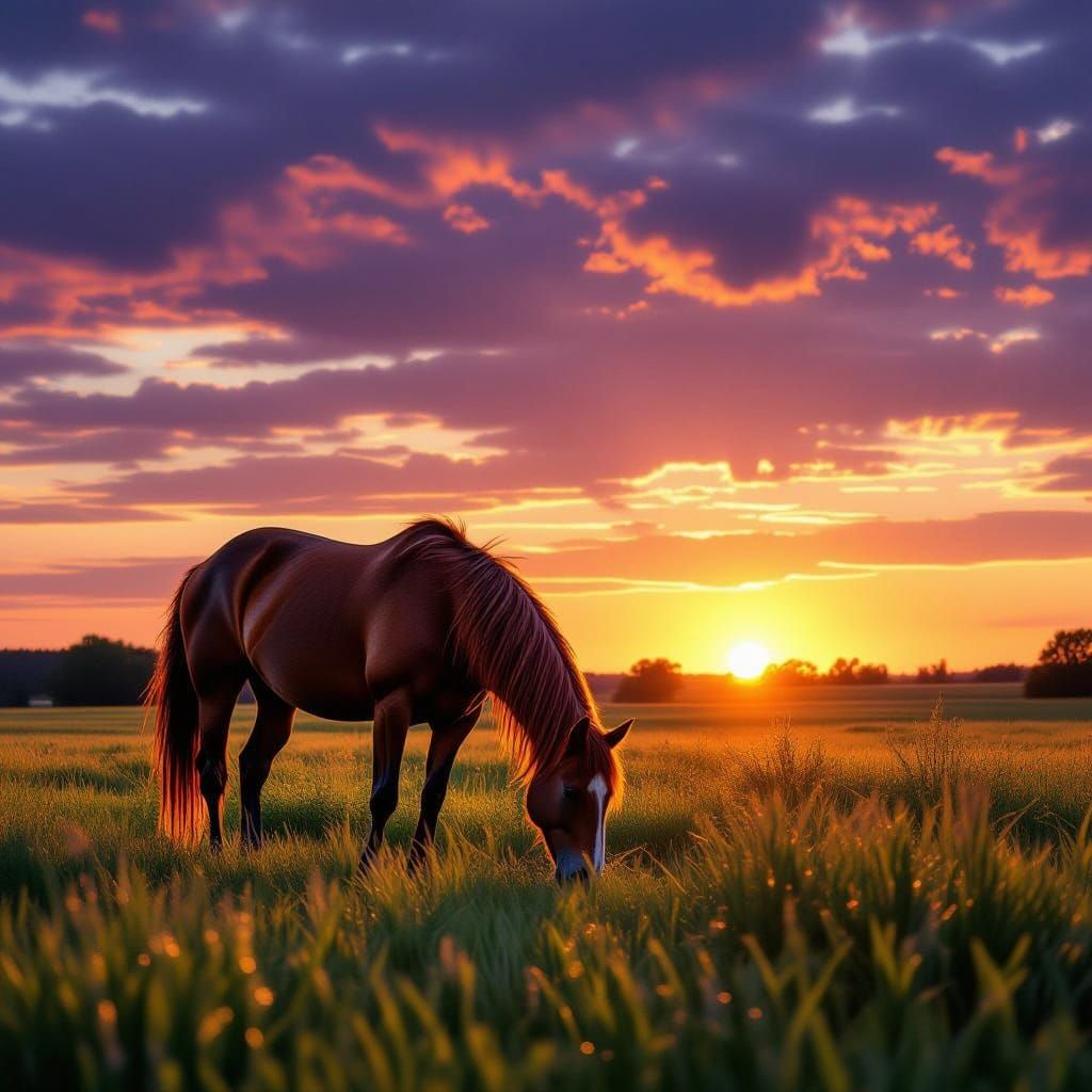 Majestic Horse Grazing at Fiery Sunset