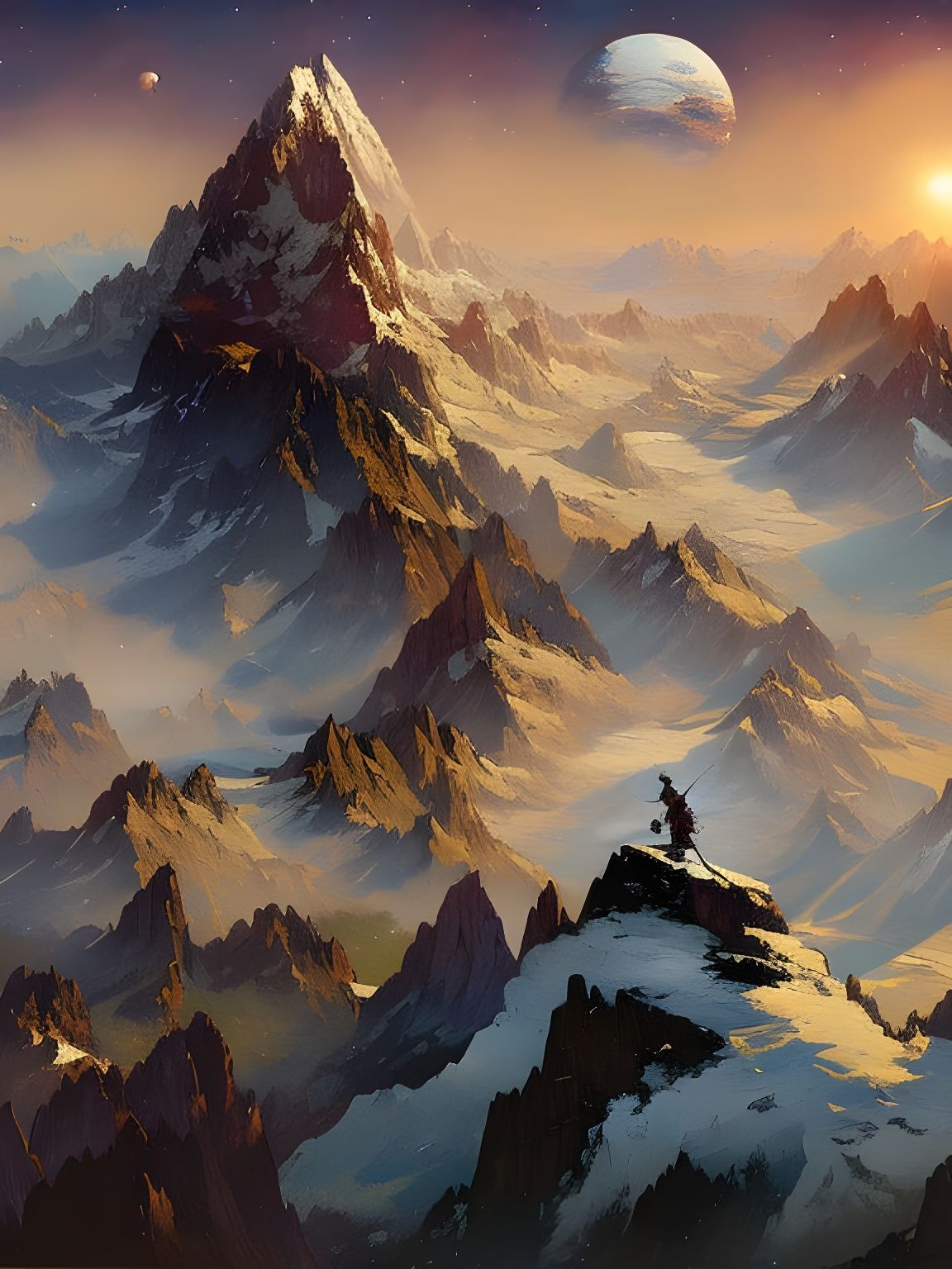 Planet in Balance: Cosmic Mountain Peak Painting