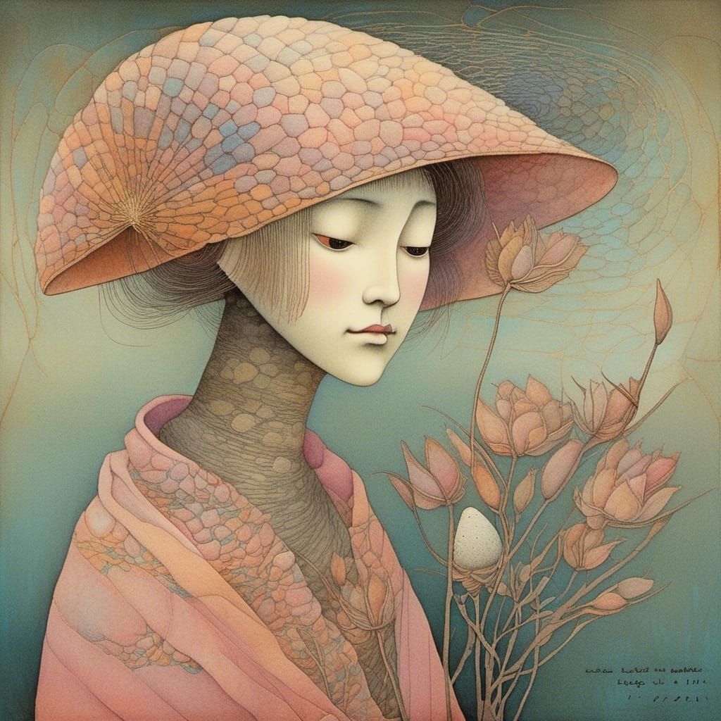 Ethereal Wool Creature with Flower Doll, Digital Fantasy Art