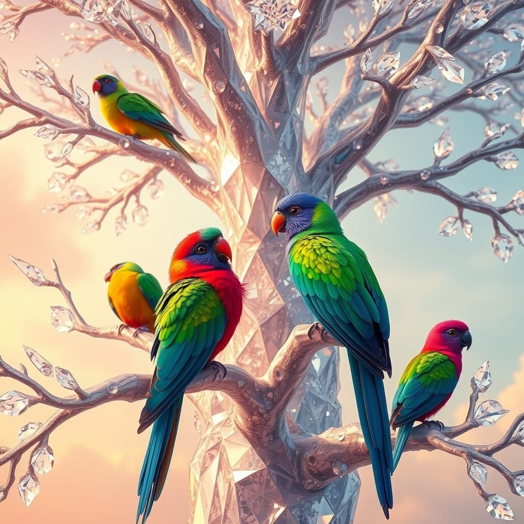 Iridescent Birds Perch on Diamond Crystal Tree in Vibrant Da...