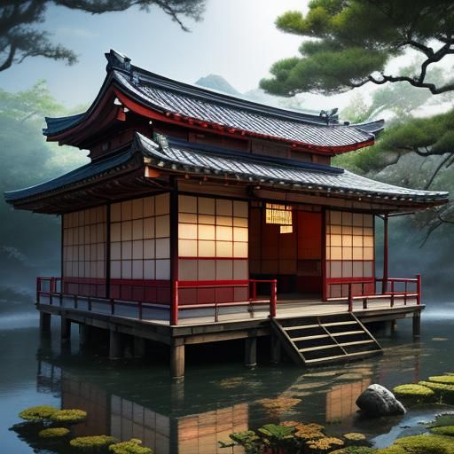 Old Japanese Tea House in Splash Art Style