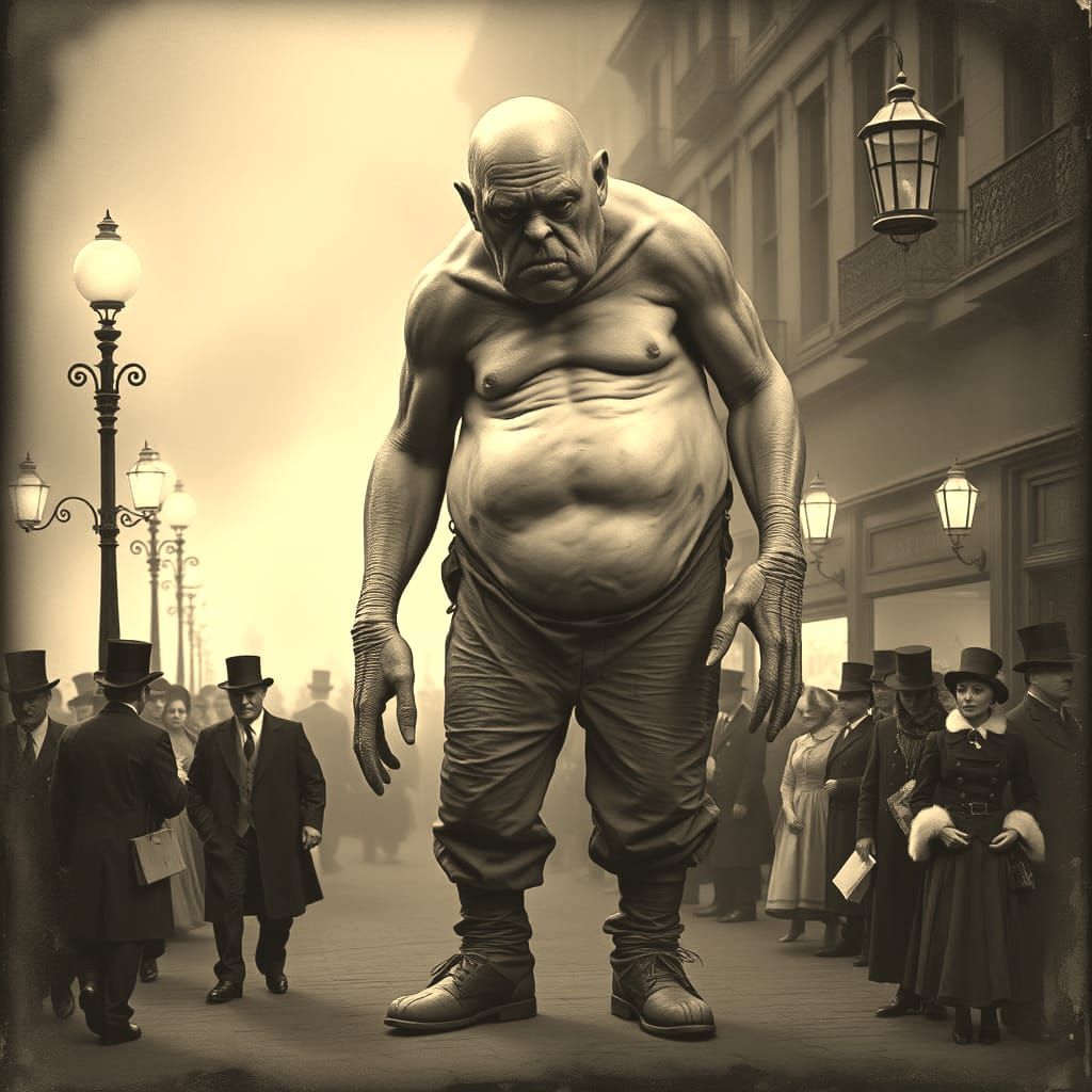 Giant Grotesque Man Towers Over Victorian Crowd in Sepia