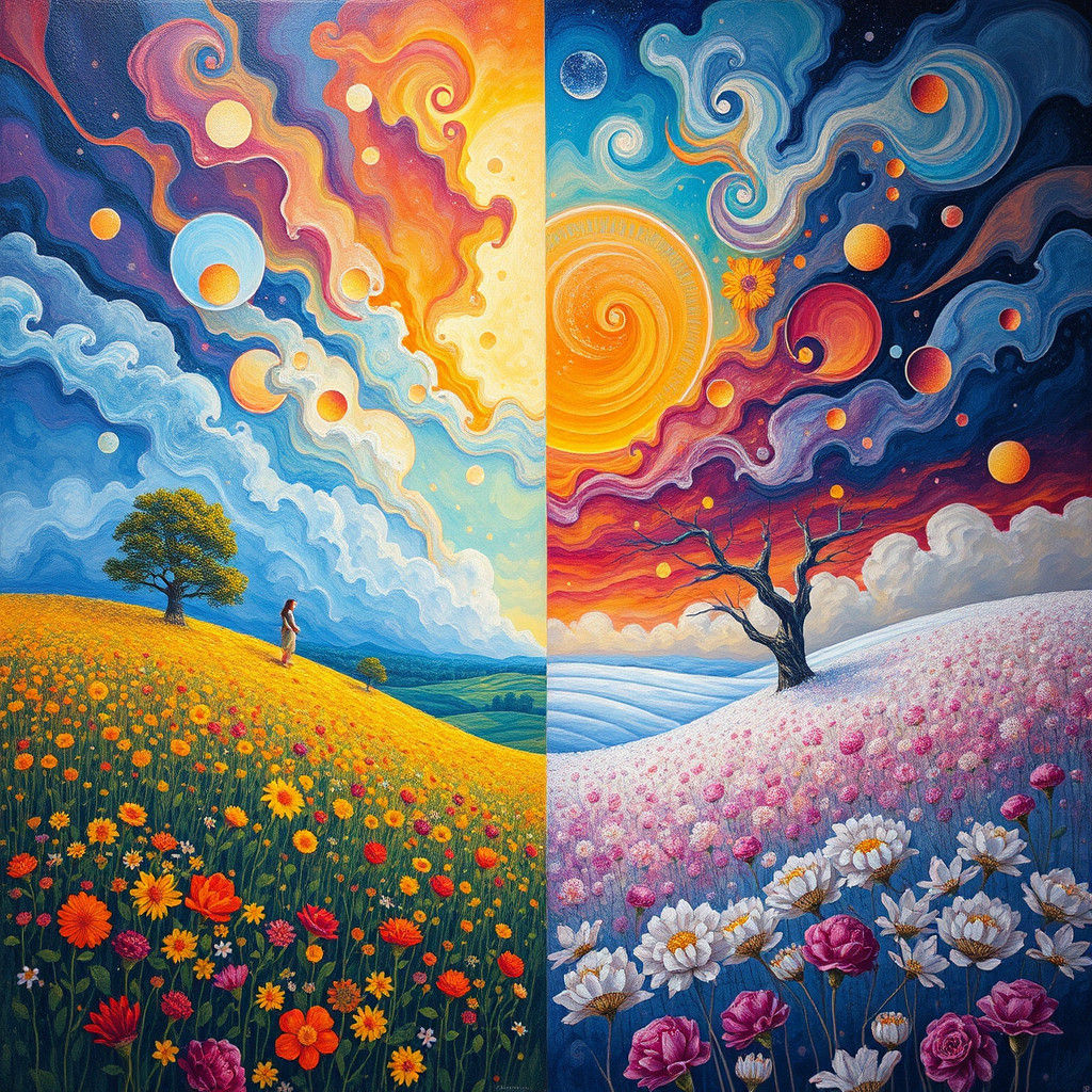 Surreal Four Seasons Landscape Inspired by Art Nouveau