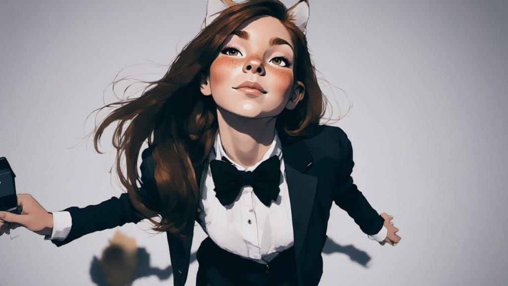 Fox-girl Vixen wearing a tuxedo for a photoshoot.