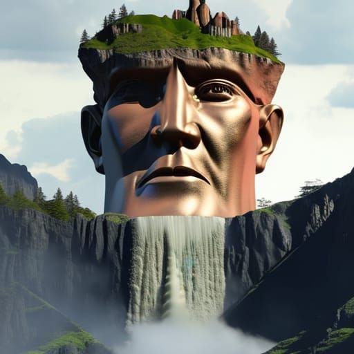 Surreal Head Statue Landscape with Castle