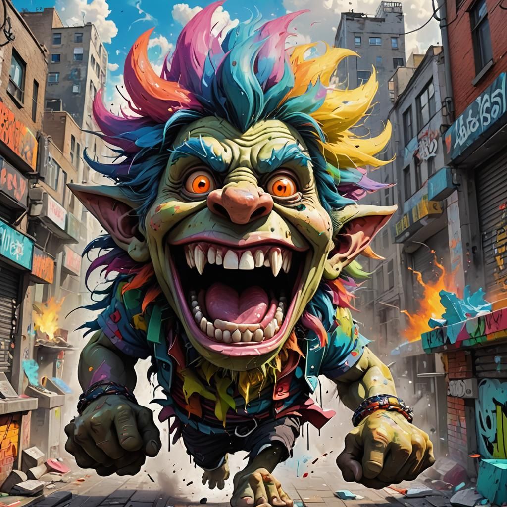 Funny Troll Yelling in Surreal Dreamlike Cityscape