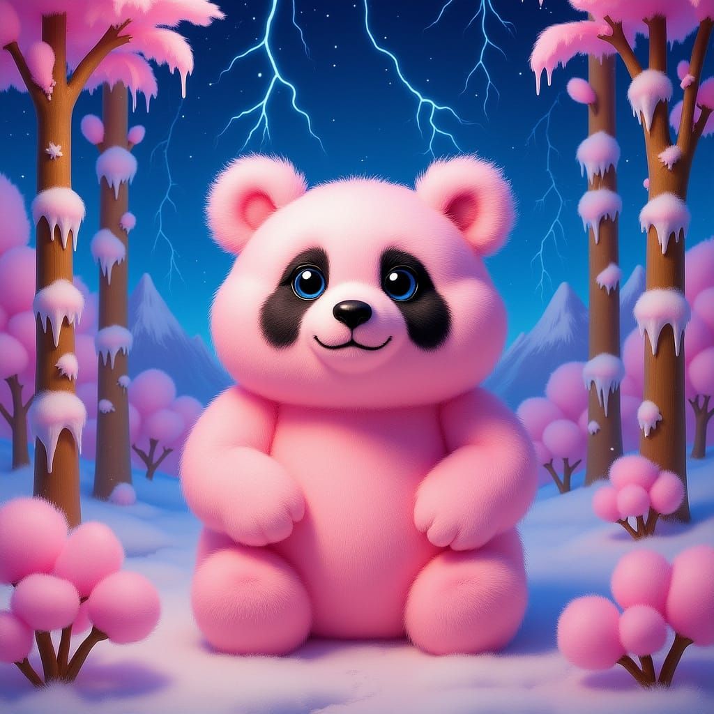 Pink Cotton Candy Panda in Snowy Bamboo Forest