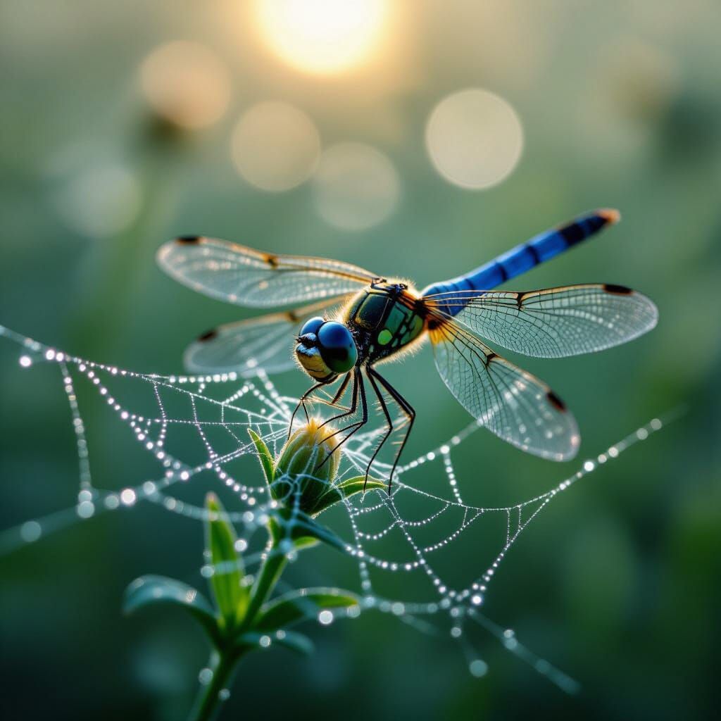 Dragonfly on Dew-Kissed Web: Macro Botanical Photo