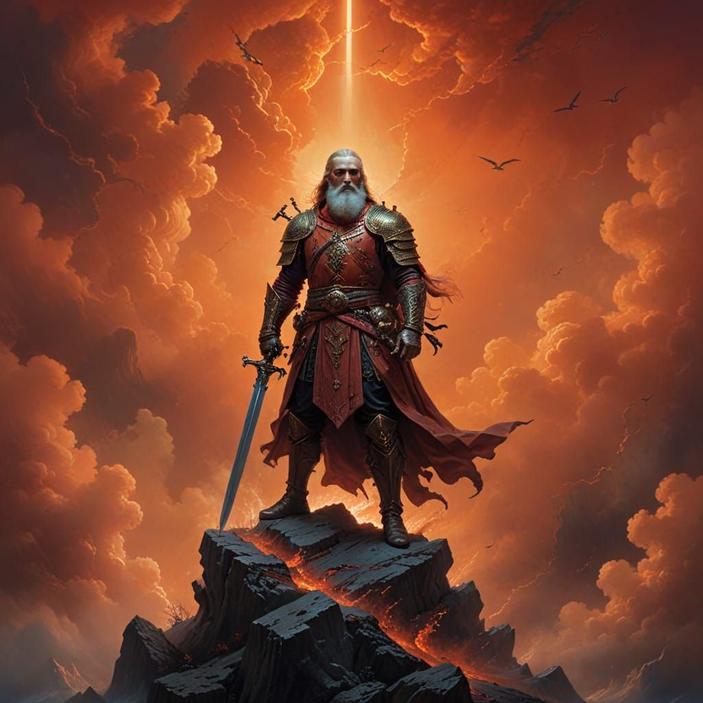 Majestic Saint in Dramatic Skies, Sword at the Ready