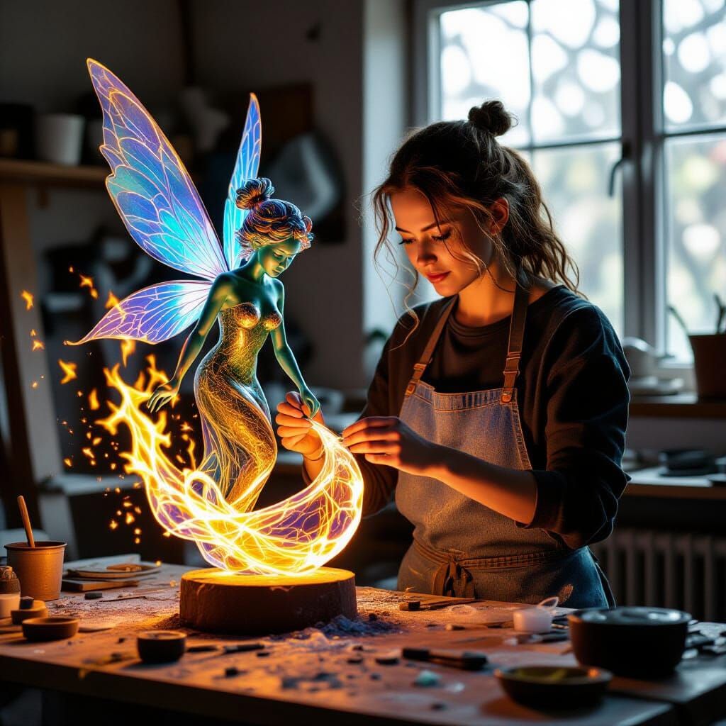 A fairy creating abstract sculpture by using magic to weave ...