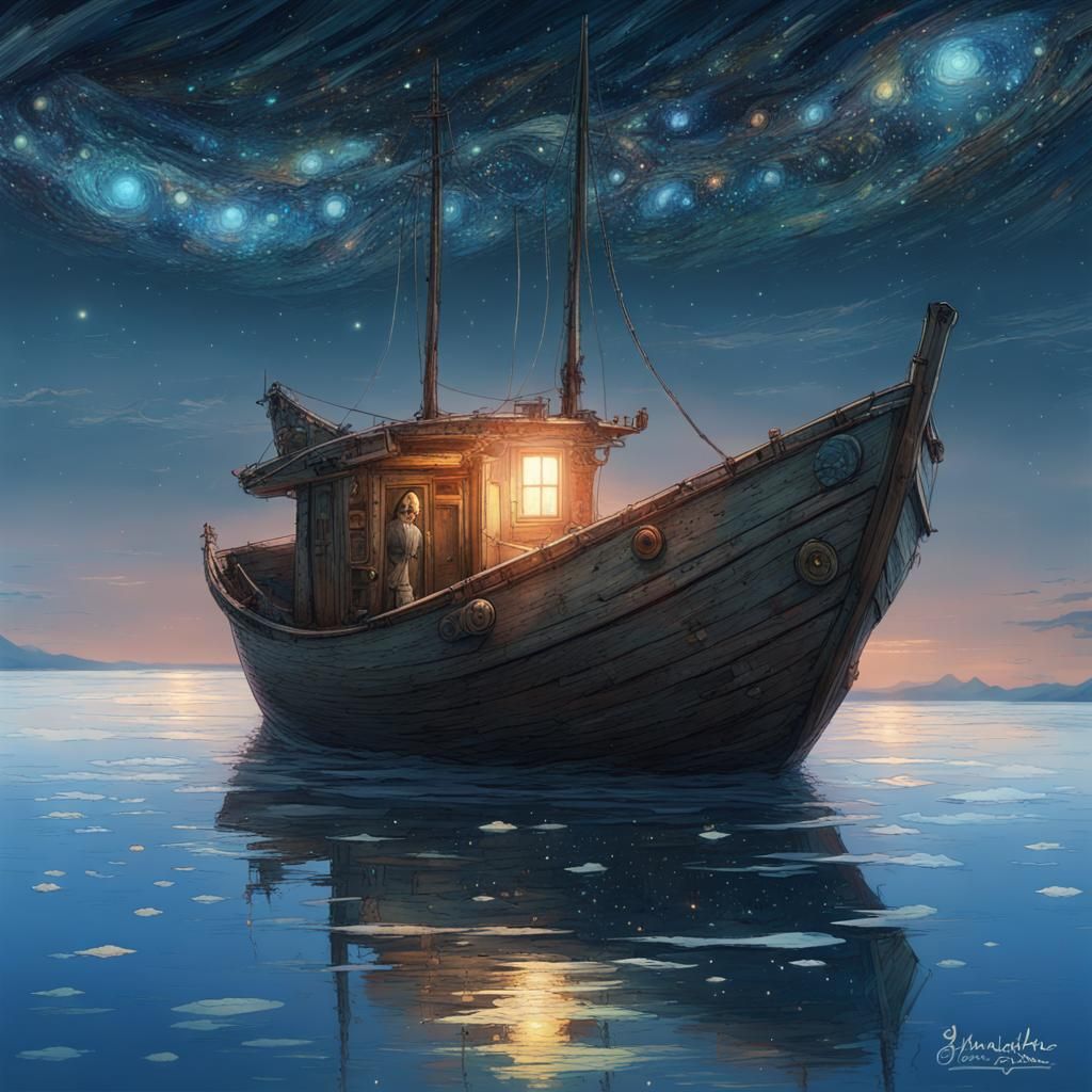 Boat Under Starry Sky in Digital Art Style