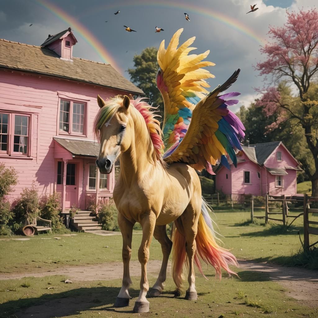 Rainbow Wings on a Yellow Pony in Countryside