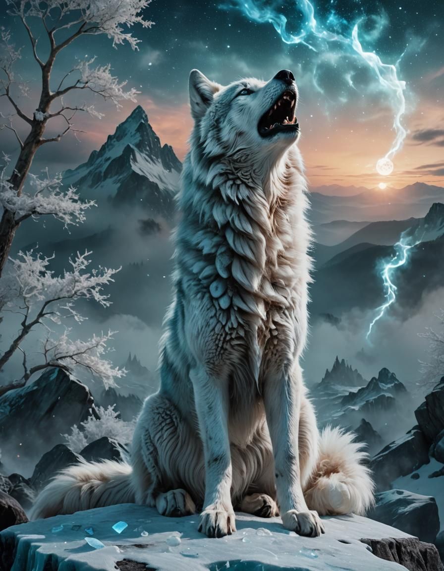 Ice Wolf Howling at Night in Fantasy Art