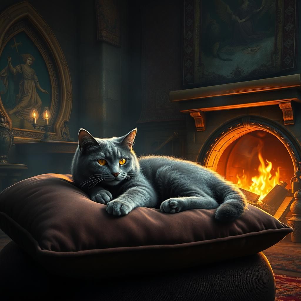Mystical Grey Cat Napping by Fireplace