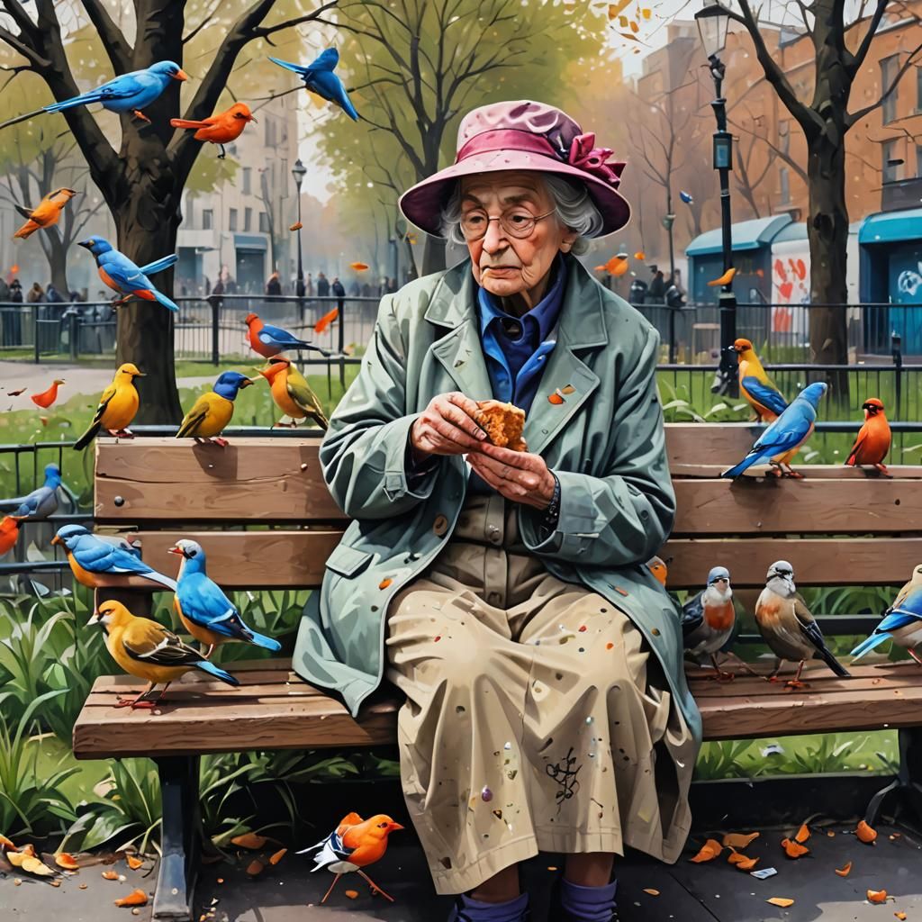 Lady Feeding Birds: Graffiti Street Art Style