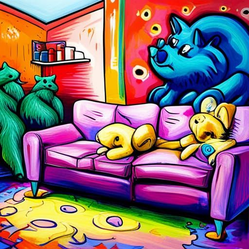 Colorful Graffiti: Yellow Baby, Blue Cat, Green Dog