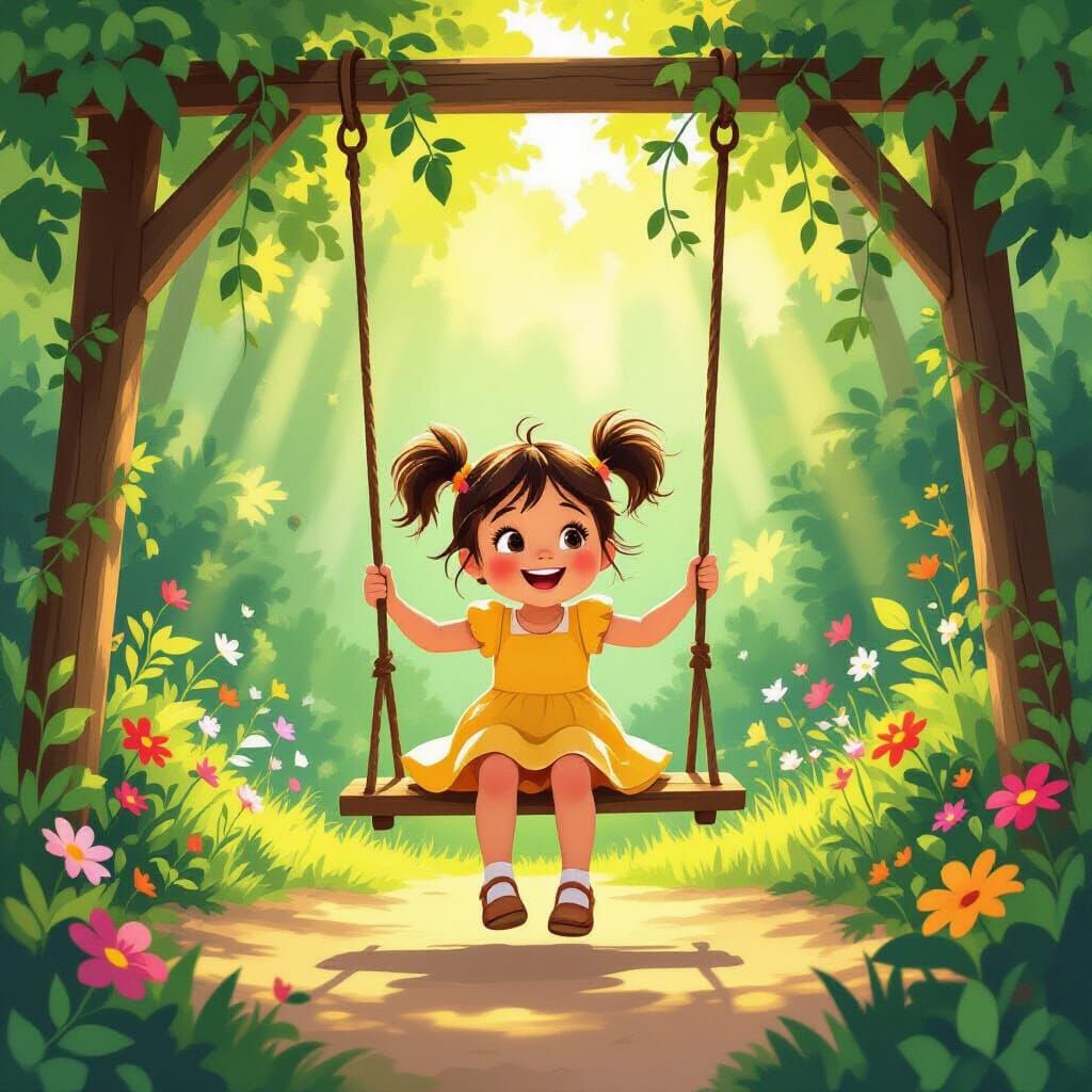 Girl Swinging Joyfully in a Sun-Dappled Jungle