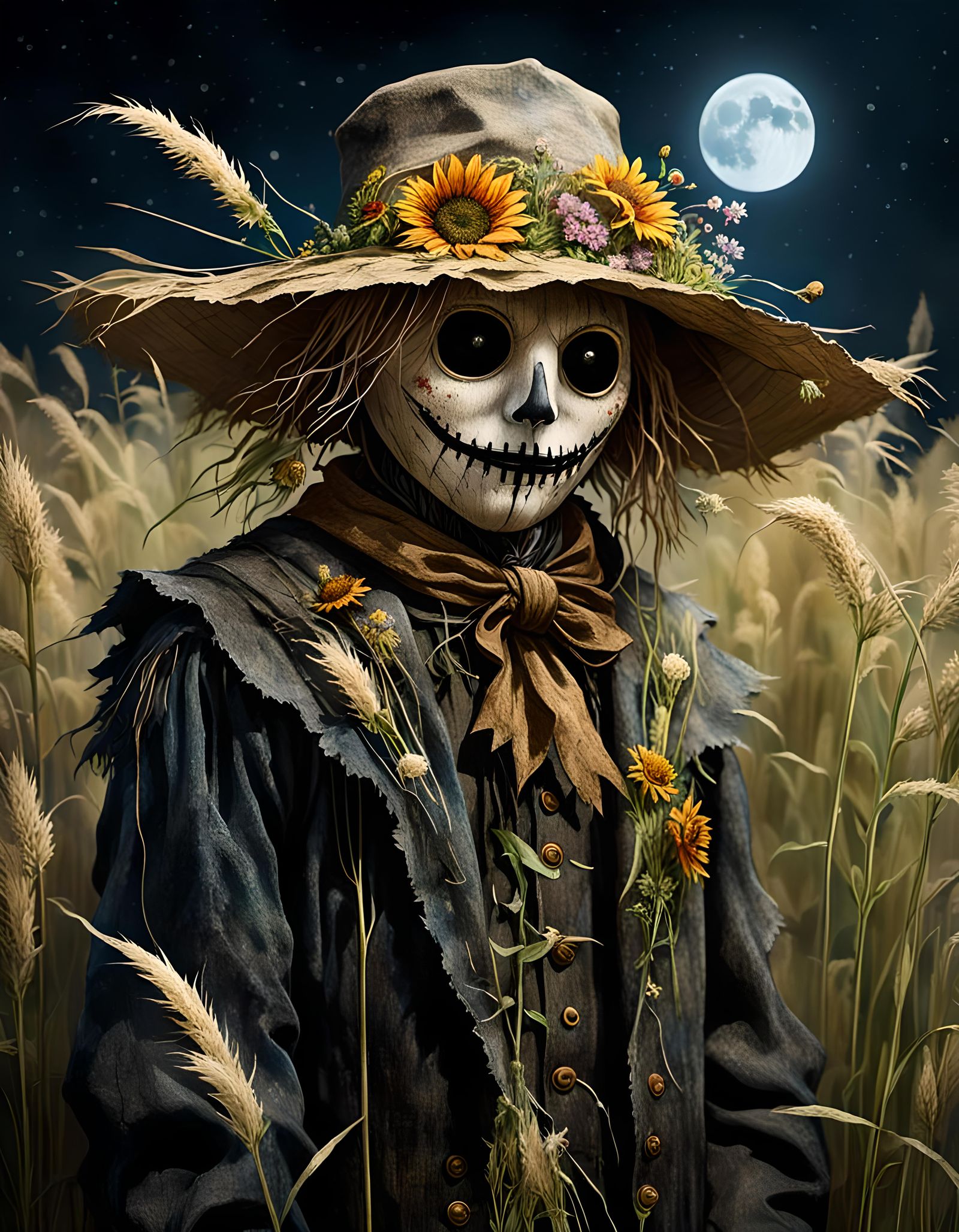 Surreal Scarecrow Portrait in Moonlight