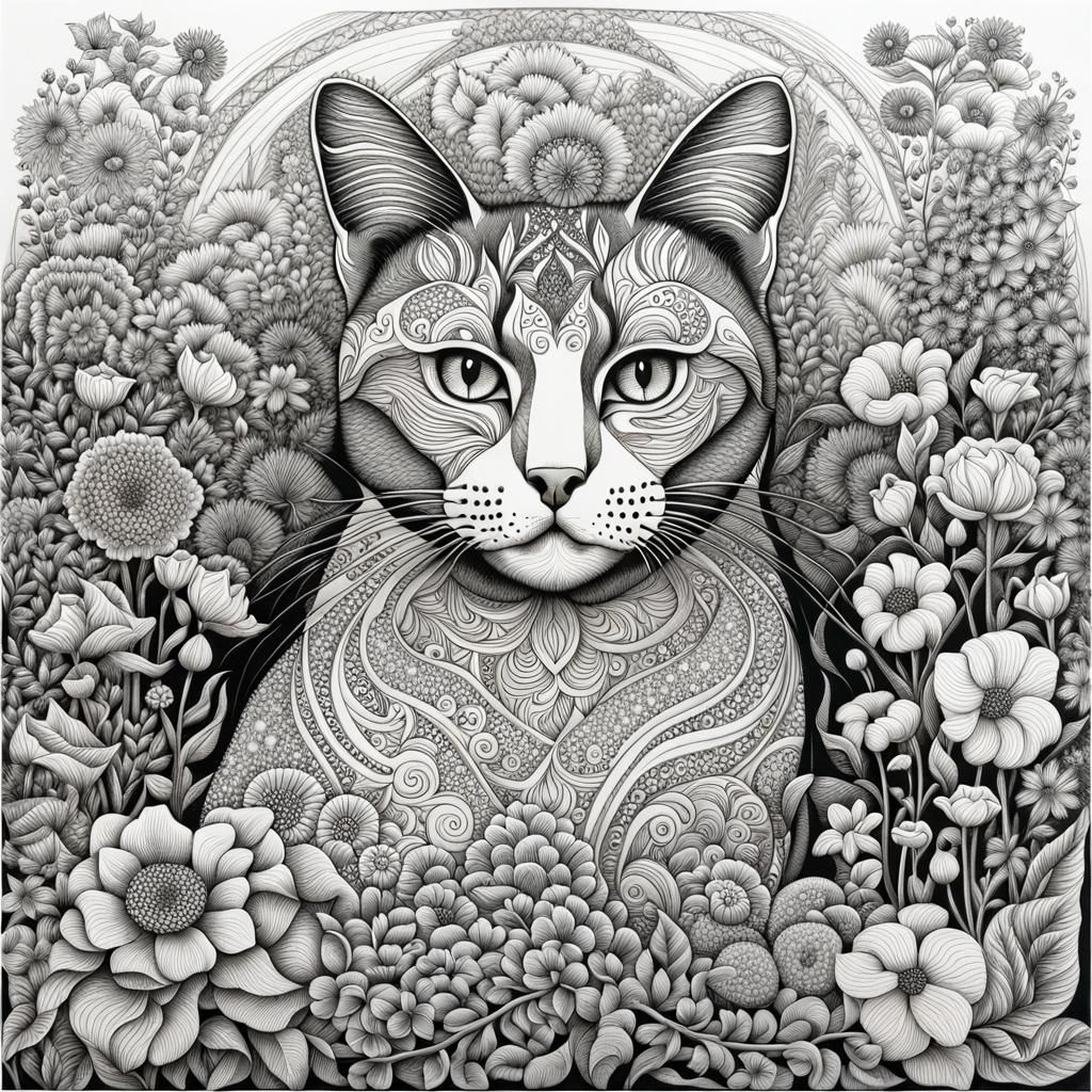 Cat in Flower Garden: Intricate Pointillism Drawing