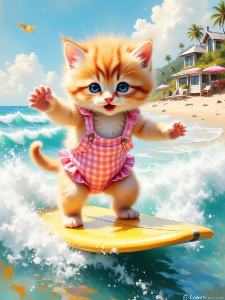 Fluffy Kitten Surfing a Pastel Wave in Impasto Style