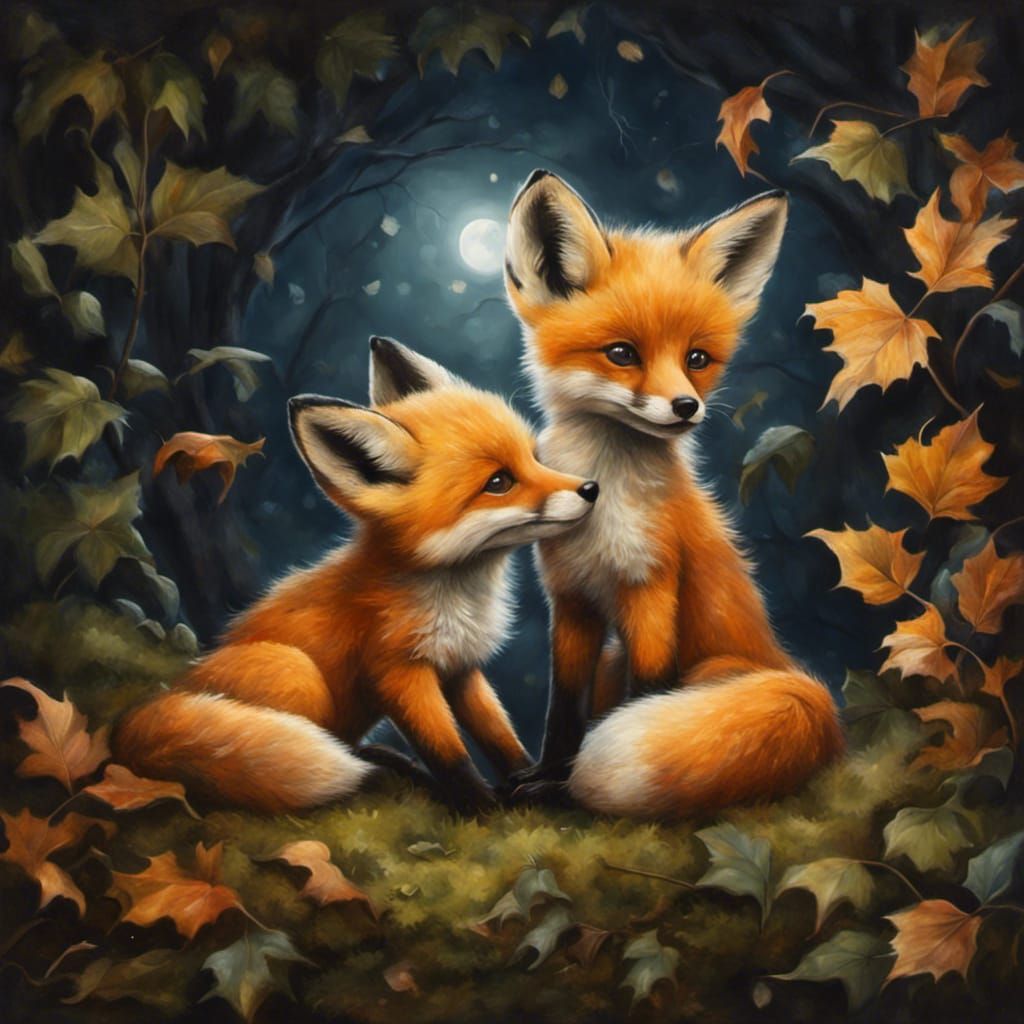 Adorable Baby Foxes in Nighttime Painting